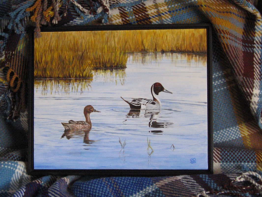 Painting of Pintail Ducks and woven blanket